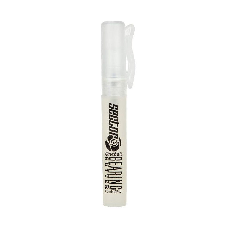 Clear bottle with black text saying "Sector 9 Nineball Bearing Butter" on a white background