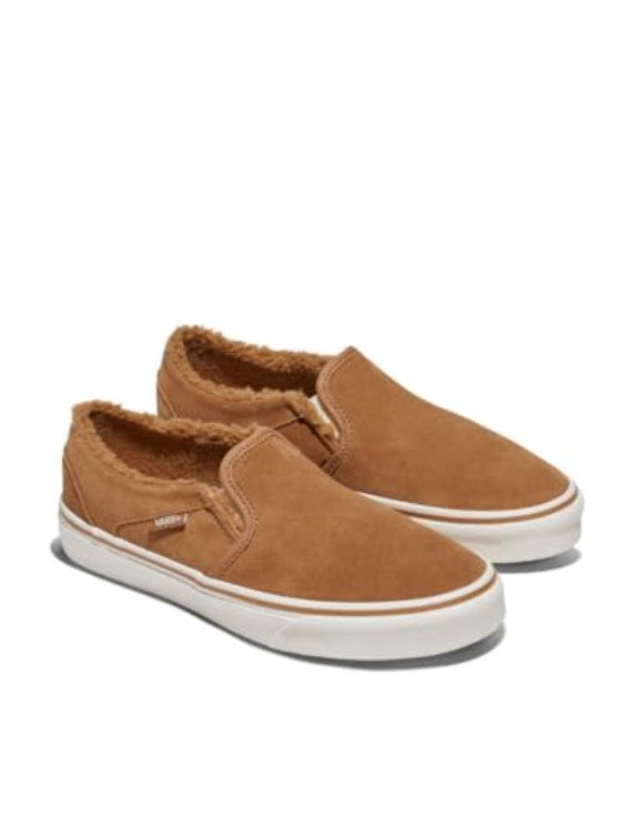 Pair of brown slip-on shoes with white soles on a white background