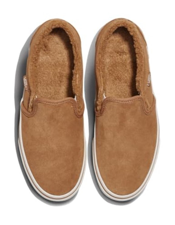 Pair of brown slip-on shoes with fur lining on a white background