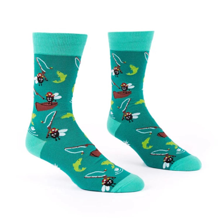 Teal socks with fishing-themed design on a white background
