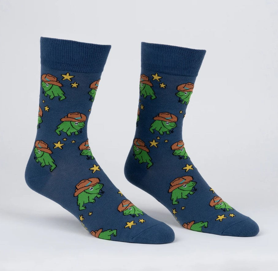 Blue socks with frog pattern on a white background