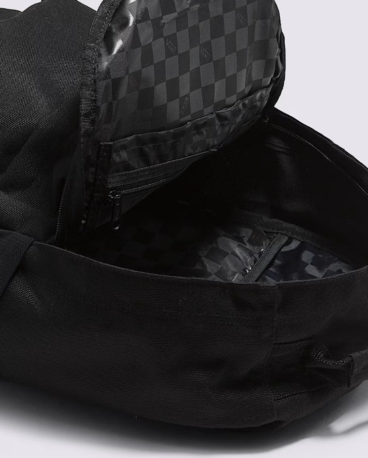 Black backpack with a black checkered interior on a white background