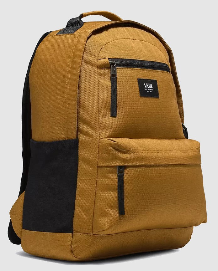 Golden Brown backpack with black zippers and a black side pouch on a white background