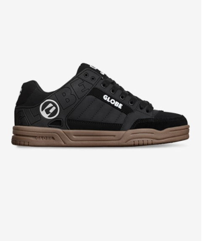 Black and brown sneaker with 'Globe' branding on a white background