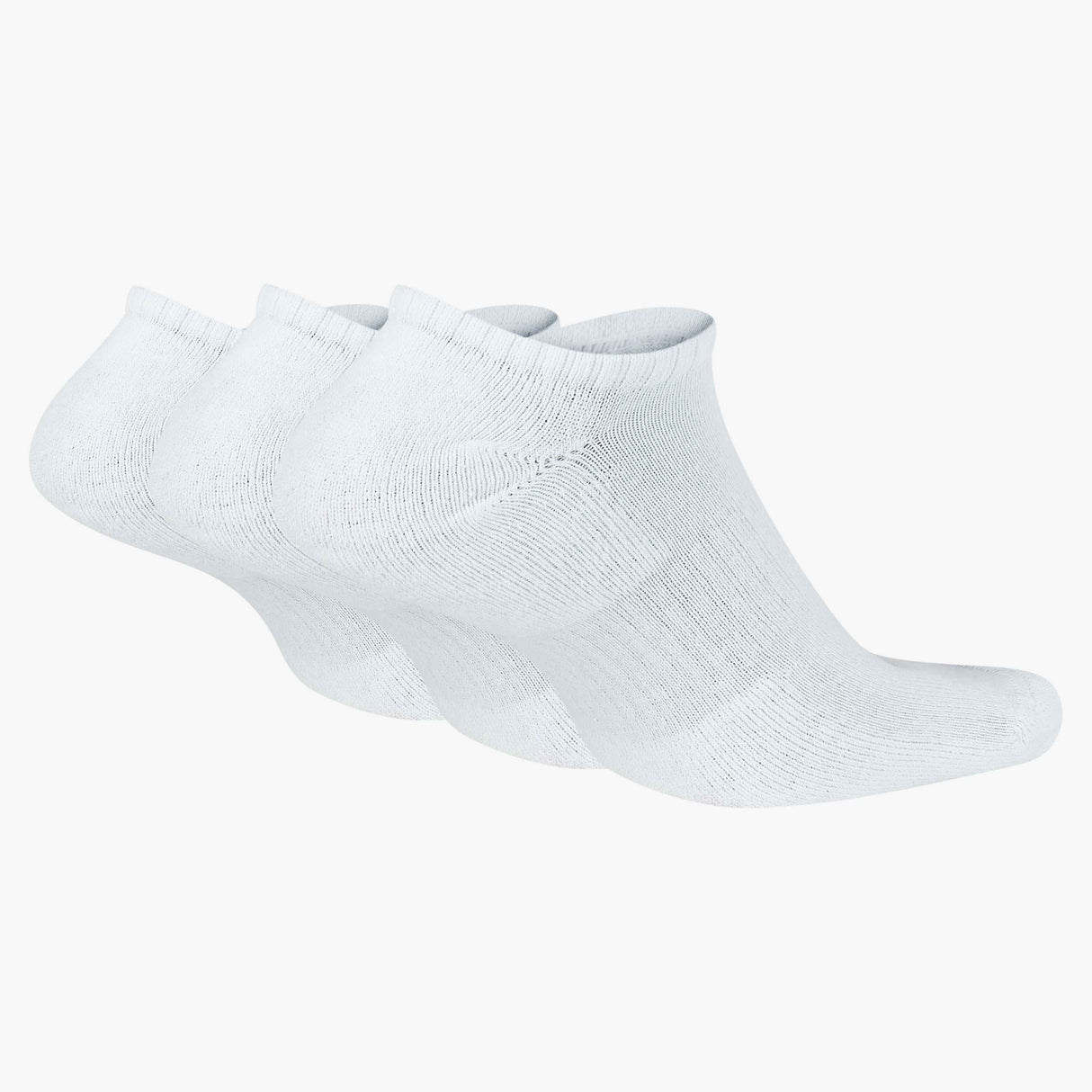 Three pairs of white ankle socks on a white background