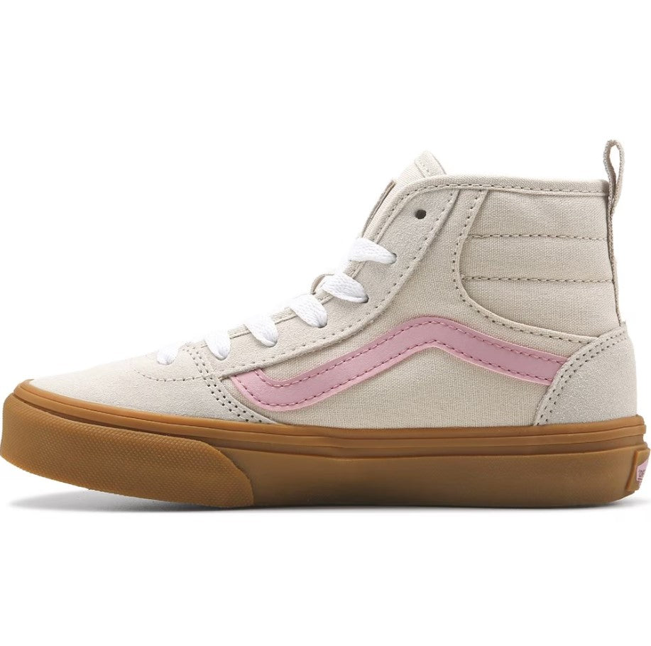 Beige Vans high-top sneaker with pink accents and brown soles on a white background. Can be purchased at www.sneakersplus.ca