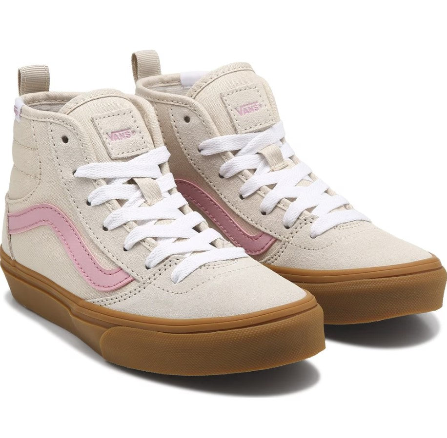 Pair of Vans sneakers with beige, pink, and brown color scheme on a white background