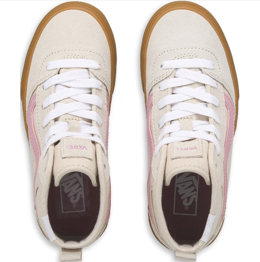 Pair of Vans sneakers with white laces and beige soles on a white background