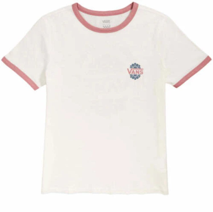 White t-shirt with pinkish trim and a small vans logo between a flower on a white background