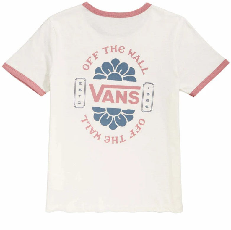 White t-shirt with pink trim featuring 'Off The Wall Vans' logo between a larger flower on a white background