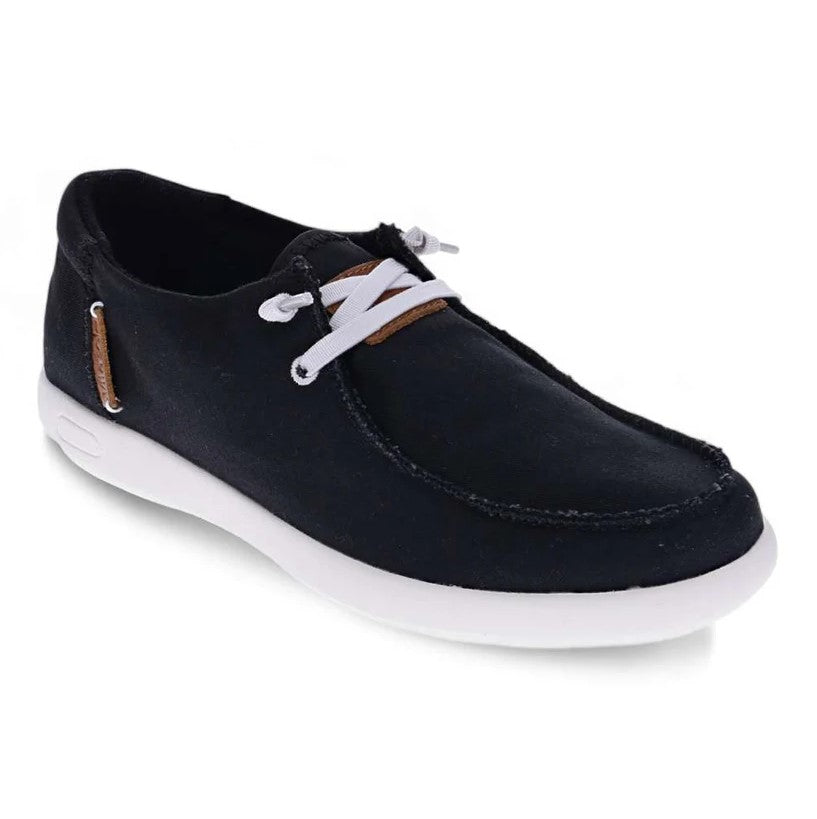 Black casual shoe with white slip in laces on a white background