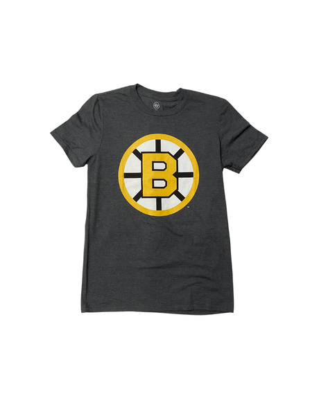 Gray T-shirt with a Boston Bruins logo on the front