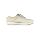 A low-top sneaker in a light grey color, featuring a textured upper, white laces, a white sole, and a small orange accent near the lace eyelets.