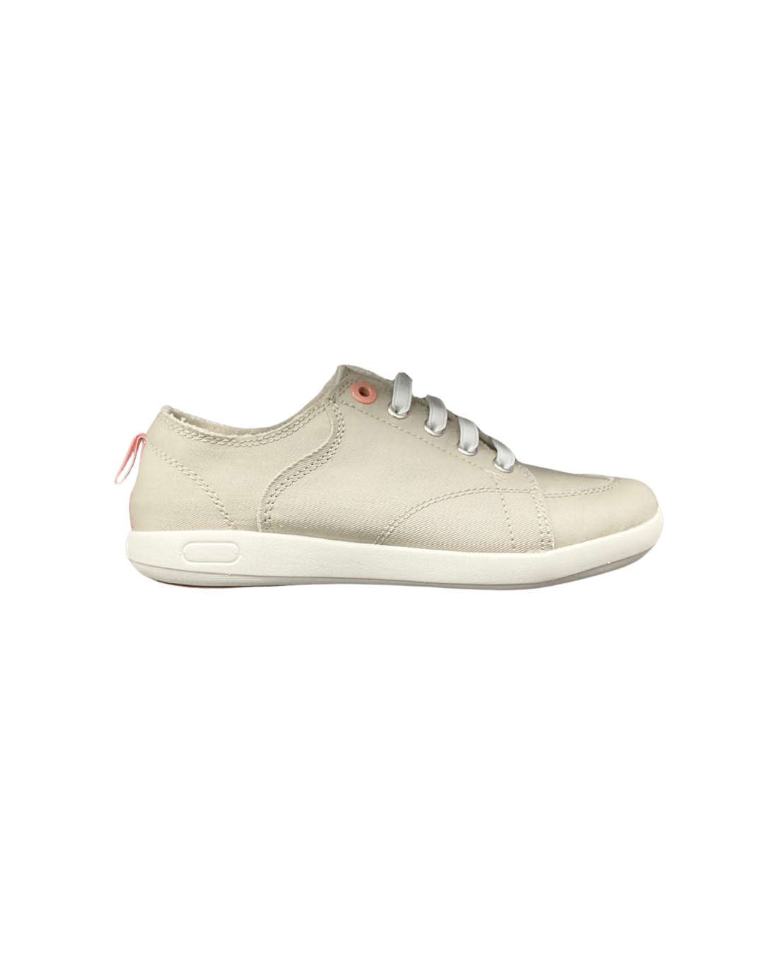 A low-top sneaker in a light grey color, featuring a textured upper, white laces, a white sole, and a small orange accent near the lace eyelets.