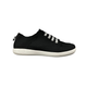 A black low cut slip in shoe with white elastic laces and a white sole