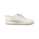 A low-top white sneaker with white laces, a textured upper, and a small pink pull tab on the heel, shown in a side profile against a plain white background.