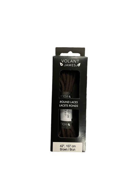 Packaged brown round laces with Volant James branding on a white background