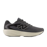 grey running shoe with black accents and a white sole on a white background