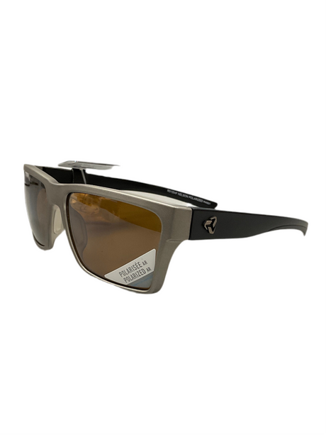 A pair of RYE sunglasses with a gunmetal frame, black temples, and brown lenses.