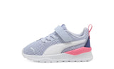 Toddler running shoe with a light purple, white, and pink design on a white background