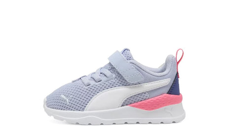 Toddler running shoe with a light purple, white, and pink design on a white background
