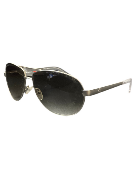 A pair of matte chrome sunglasses with green gradient lenses.