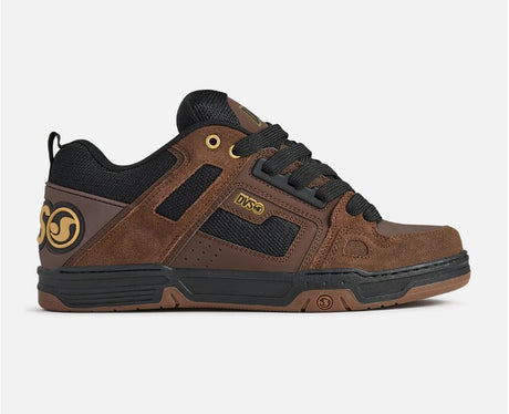 Brown and black DVS skate shoe with gold accents on a white background.  Can be purchased at www.sneakersplus.ca