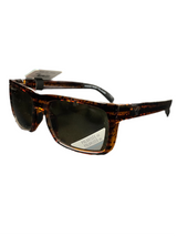 Sunglasses with tortoiseshell frame and dark lenses on a white background