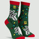 Green socks with skeleton and Christmas lights design on a light gray background