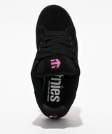 Black sneaker with pink logo on a white background