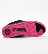 Black and pink Etnies skateboard shoe on a white background