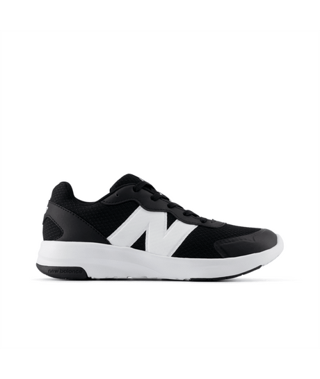 Black and white New Balance running shoe a white background.  Can be purchased at www.sneakersplus.ca