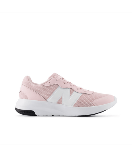 Pink sneaker with white New Balance logo on a light gray background.  Can be purchased at www.sneakersplus.ca