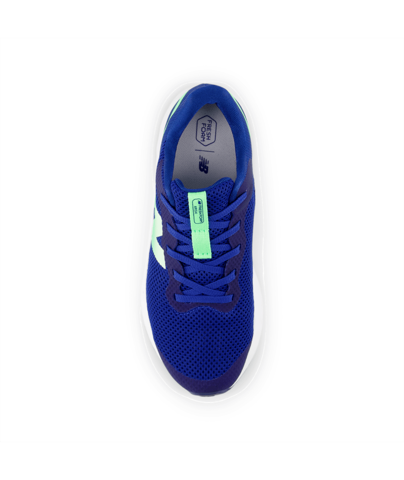 Blue running shoe with a green accent on a white background