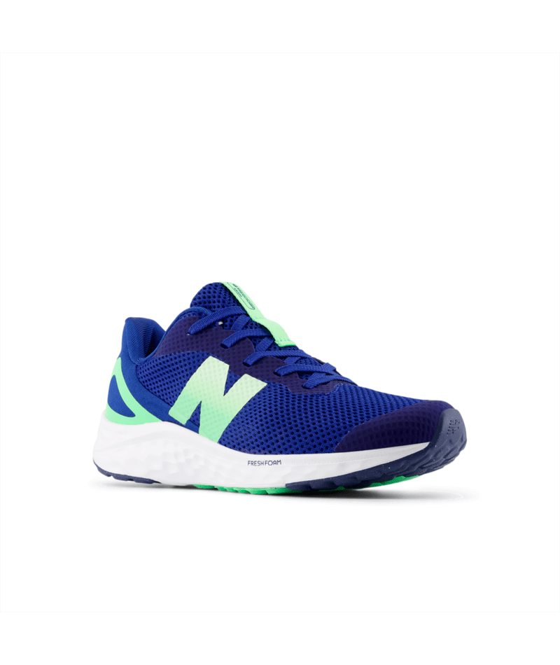 Blue running shoe with green accents on a white background