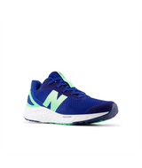 Blue running shoe with green accents on a white background