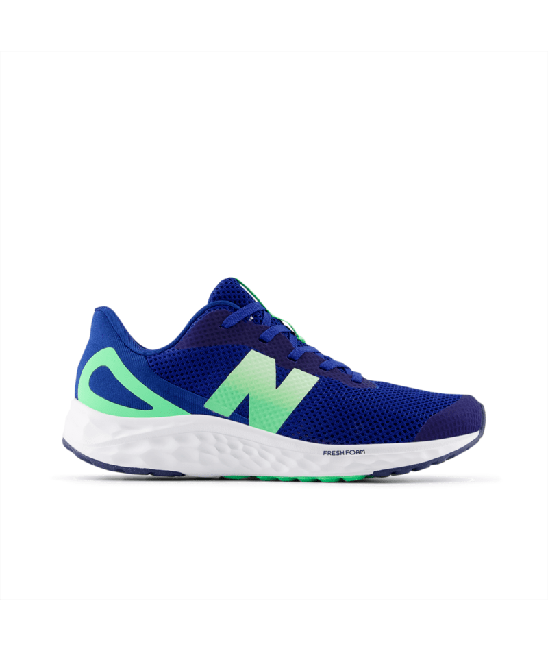 Blue and green running shoe with New Balance logo on a white background.  Can be purchased at www.sneakersplus.ca
