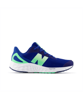 Blue and green running shoe with New Balance logo on a white background.  Can be purchased at www.sneakersplus.ca