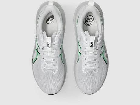 White running shoes with green accents on a white background