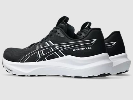 Black and white running shoe with visible branding on a light gray background