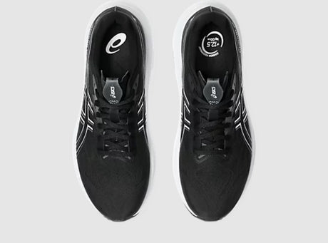 Black running shoes with white accents on a light gray background