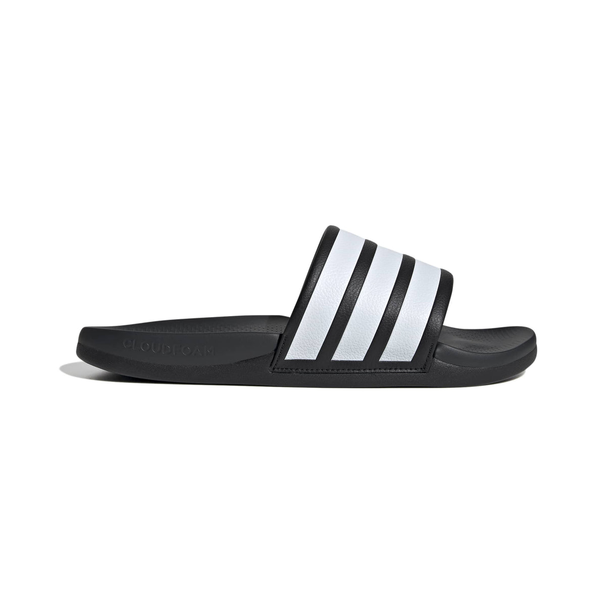 Black and white Adidas slide sandal on a white background