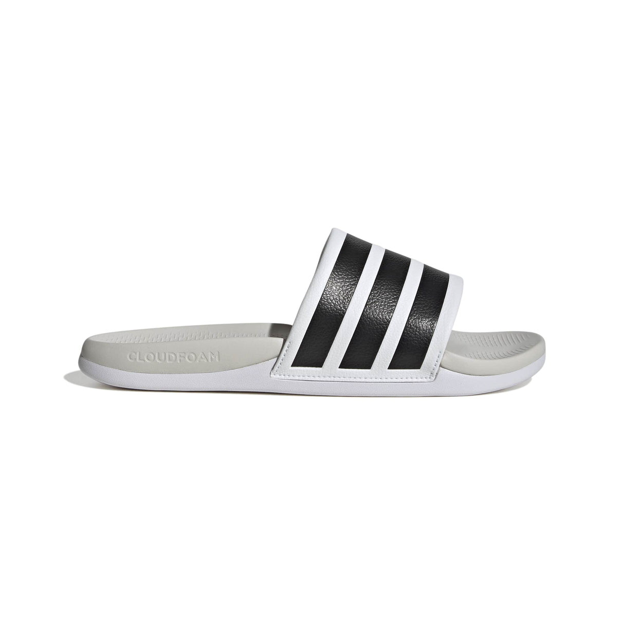 White slide sandal with black stripes on a white background