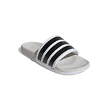 White slide sandal with black stripes on a white background