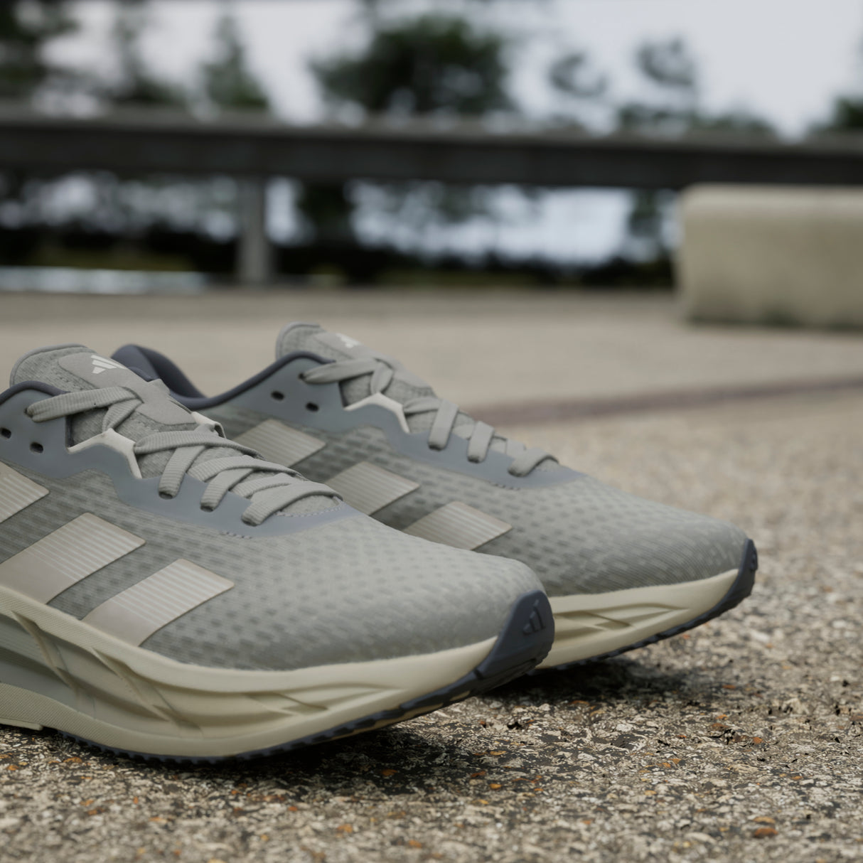 Gray running shoes with Adidas logo on a blurred outdoor background