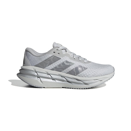 Grey running shoe with Adidas logo on a white background.  Can be purchased at www.sneakersplus.ca