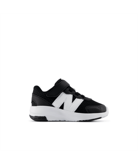 Black and white toddler sneaker with a white New Balance logo on a white background.  Can be purchased at www.sneakersplus.ca