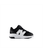Black and white toddler sneaker with a white New Balance logo on a white background.  Can be purchased at www.sneakersplus.ca