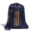 Navy Adidas drawstring bag with bronze stripes on a white background.  Can be purchased at www.sneakersplus.ca
