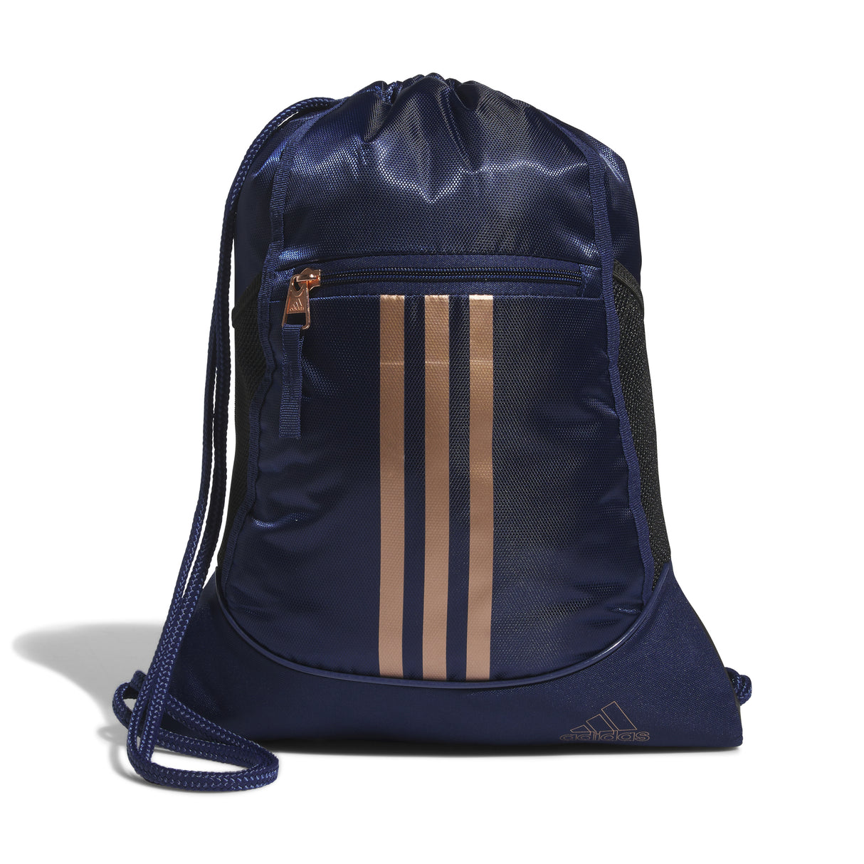 Navy Adidas drawstring bag with bronze stripes on a white background.  Can be purchased at www.sneakersplus.ca